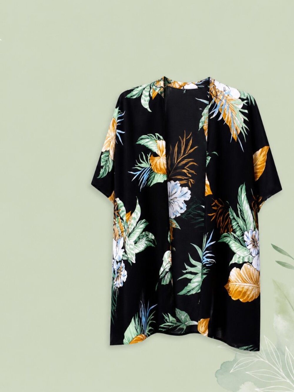 Fashion Collection Black Palm Leaf Kimono 100% Polyester Open Dolman Sleeve Top